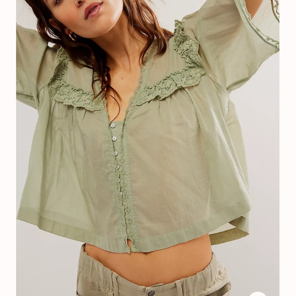 Free People Sage Green Ruffled Top